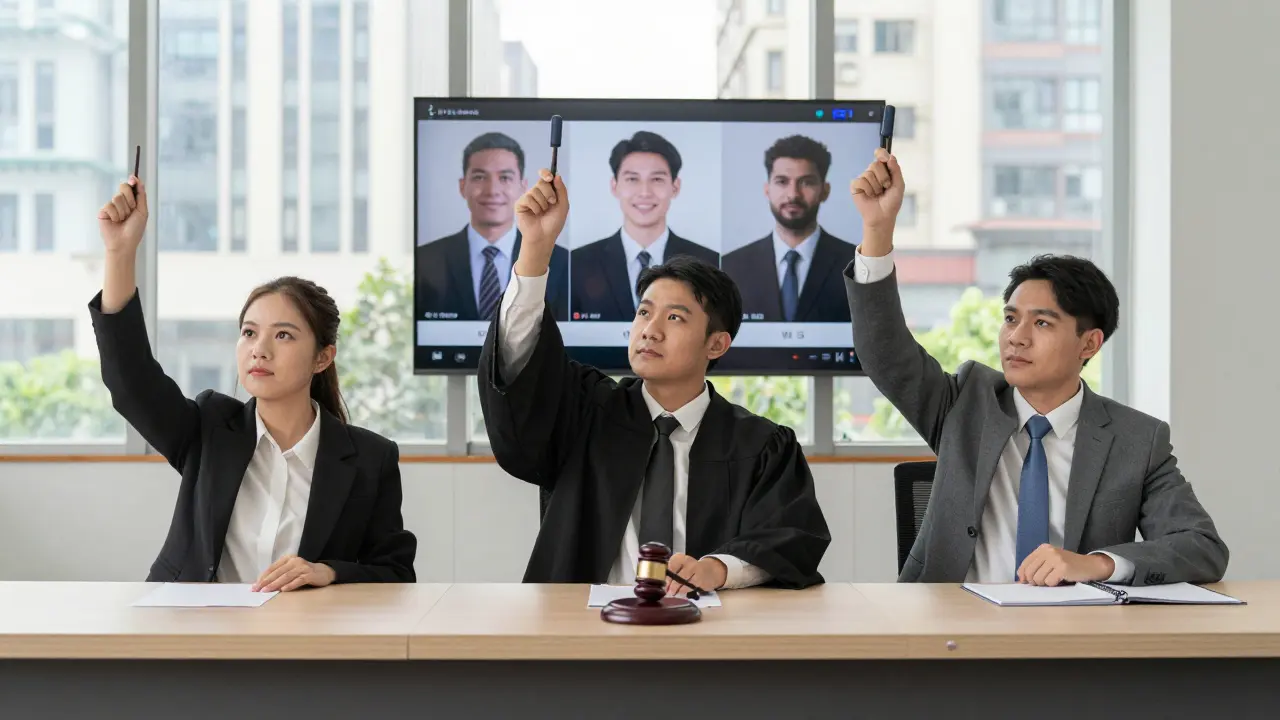 Gerichtsversteigerung mit drei Bieter:innen, digitale Auktionsanzeige im Hintergrund, formelle Atmosphäre in einem modernen Saal.