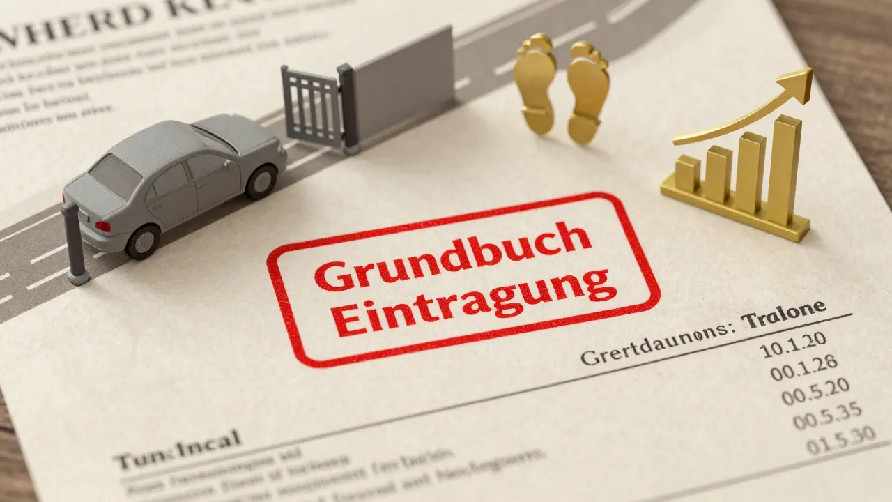 Grundbuch-Eintragung mit Symbolen für Zugangsrechte, Kosten und jährliche Rente, in erdigen Farben dargestellt.