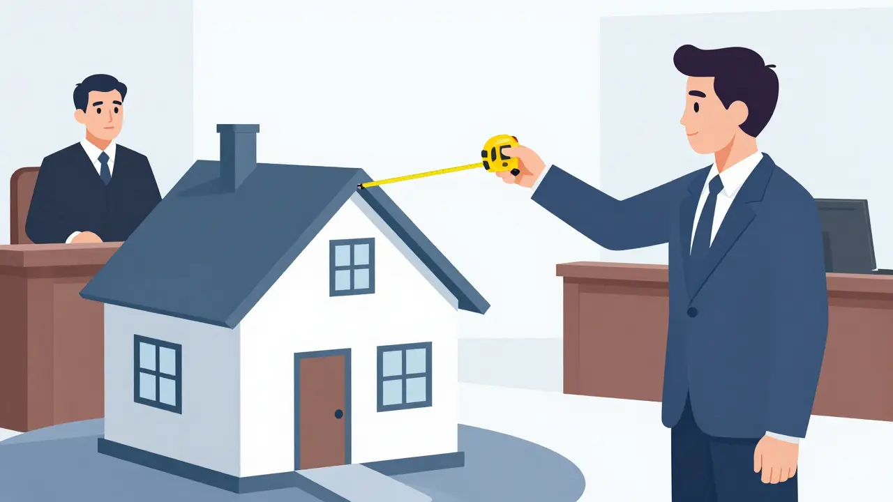 Gutachter misst Immobilie vor Gerichtssaal, Richter beobachtet