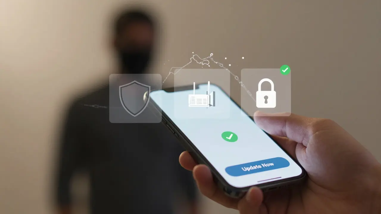 Hand drückt Update-Button, während ein Hacker abgewehrt wird – sicheres Heimnetzwerk als Hintergrund.