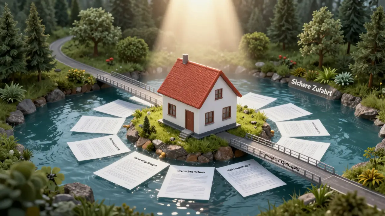 Haus auf einer Insel, umgeben von rechtlichen Hindernissen, während ein Brücke aus Grundbuch-Dokumenten den Zugang sichert.