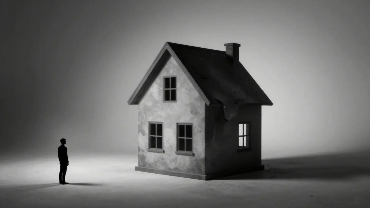 Haus zerfällt in Schatten, Person beobachtet, depressive Atmosphäre