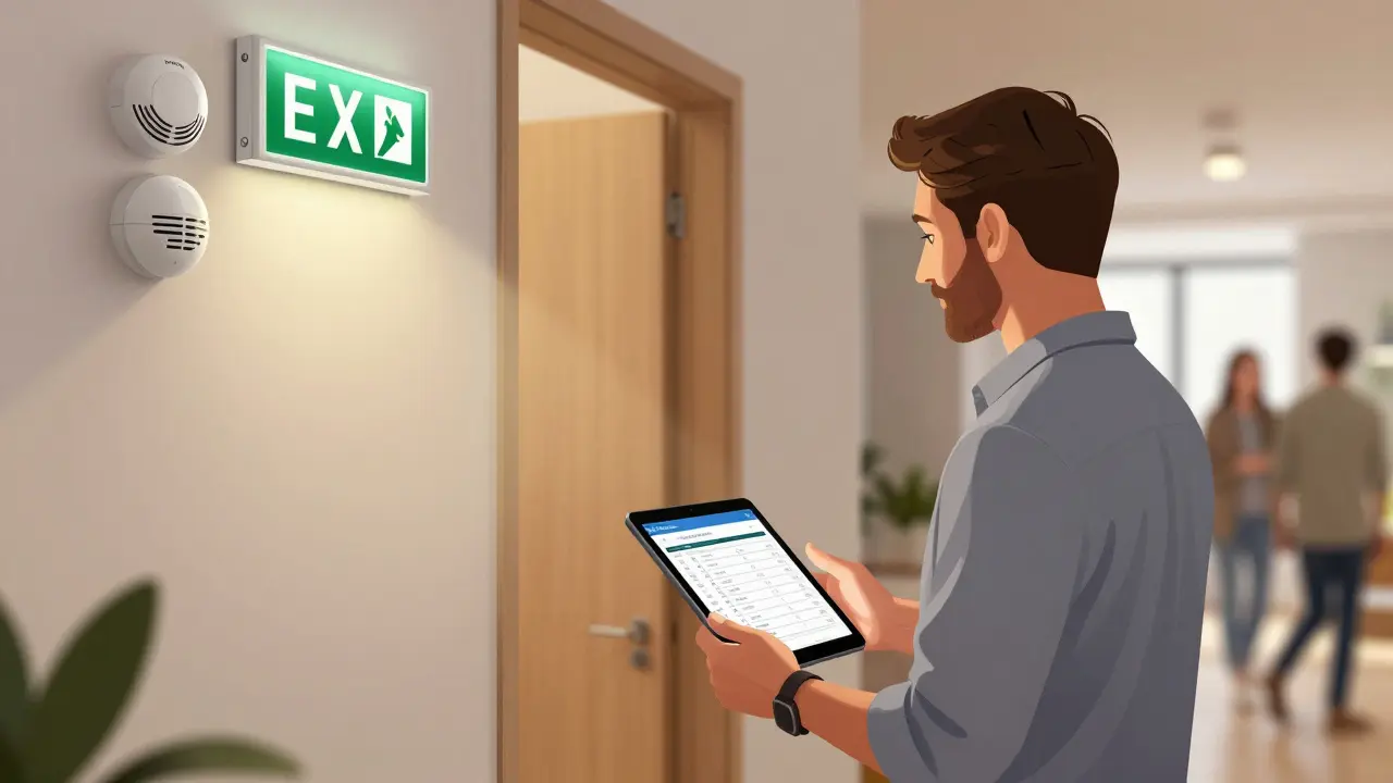 Hausbesitzer mit Tablet vor einem freien Fluchtweg, Rauchmelder leuchten, moderne Wohnanlage.