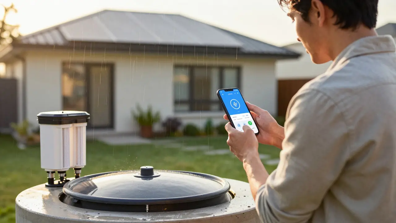 Hausbesitzer überprüft den Stand der Regenwassercistern über eine Smartphone-App, während Regen auf das Dach fällt.