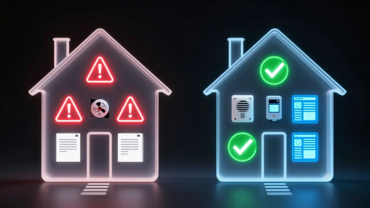 Kontrast: Eines Hauses mit blockierten Fluchtwegen und leeren Dokumenten, das andere mit klaren Wegen und digitalen Nachweisen.