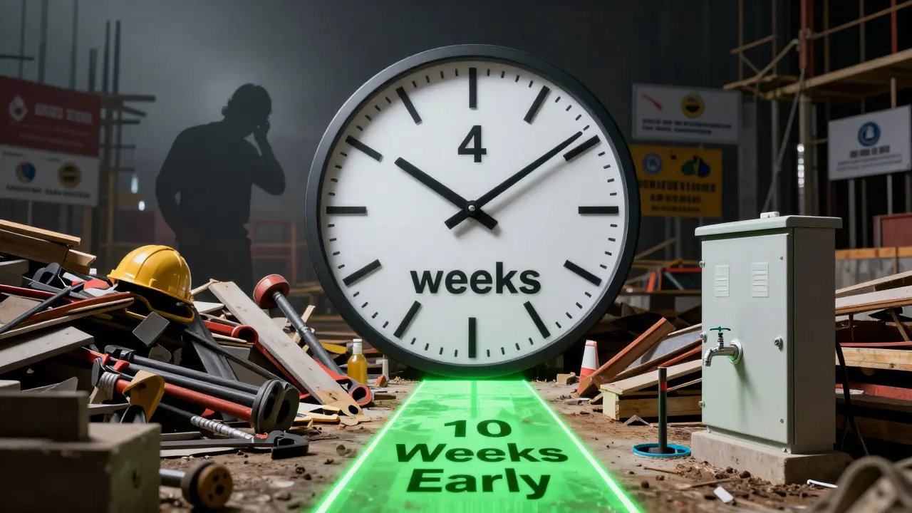 Konzeptbild: Uhr mit festgefahrenen Zeigern auf Baustelle, grüner Pfad zeigt rechtzeitige Planung, Schattenbild eines gestressten Bauherren.