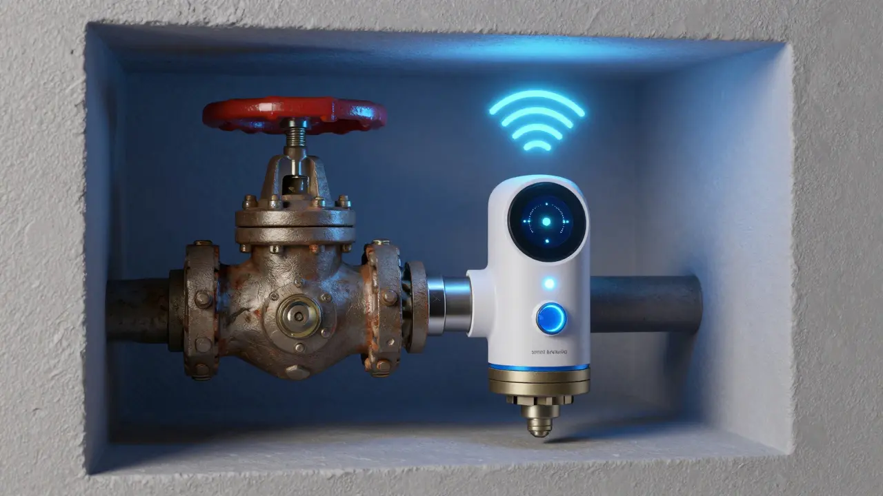 Modernes intelligentes Rückflussverhinderer-Gerät mit Sensorlichtern neben veraltetem Ventil