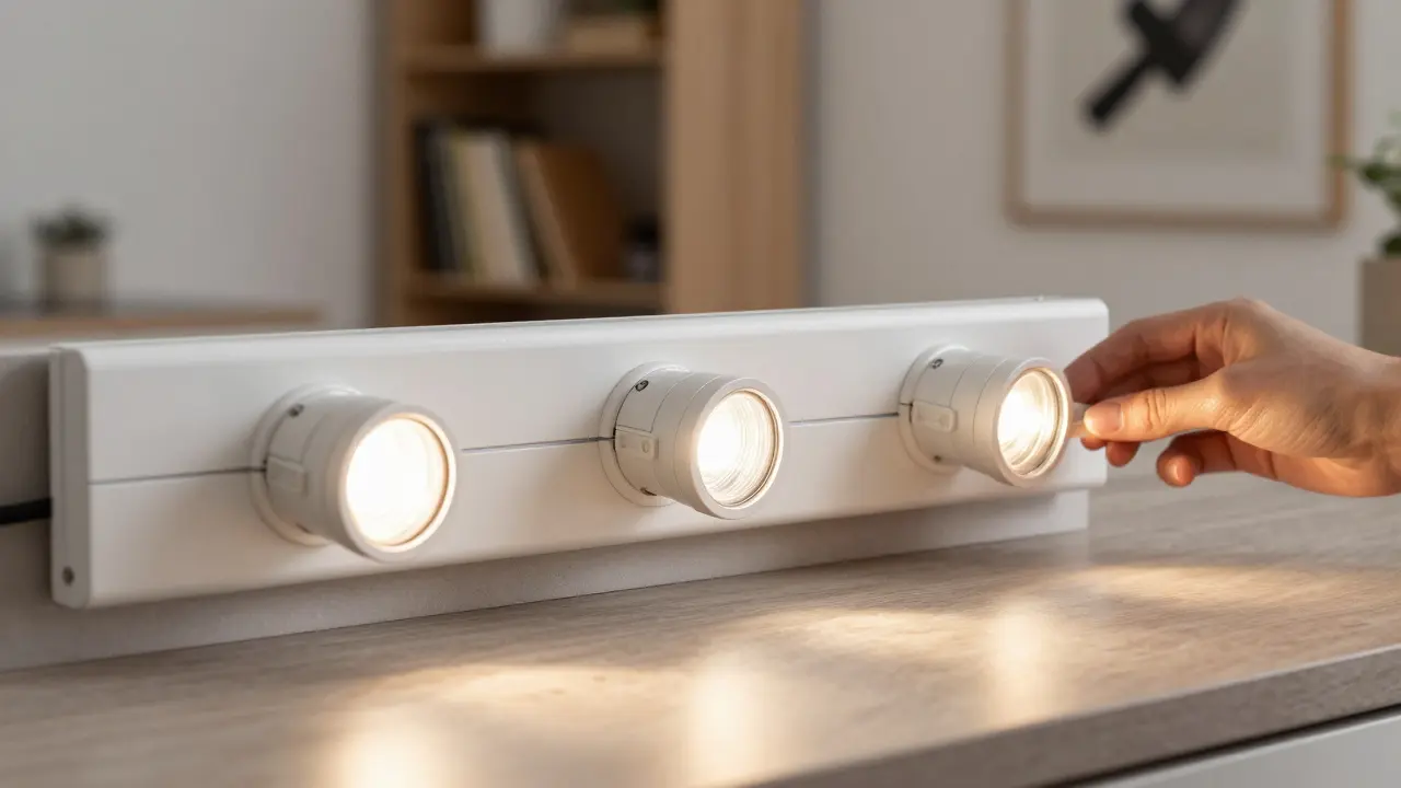 Nahaufnahme einer 3-Phasen-Stromschiene mit drei LED-Spots, die unterschiedliche Bereiche wie Küche, Leseecke und Wandkunst beleuchten.