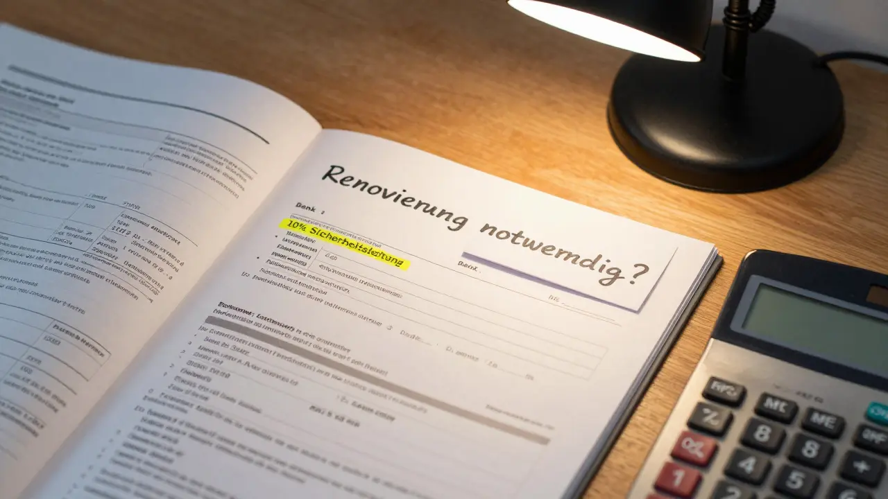 Offener Aktenordner mit Gutachten, Kalkulation und Notiz über Renovierungskosten, gedämpftes Licht in einem Heimbüro.