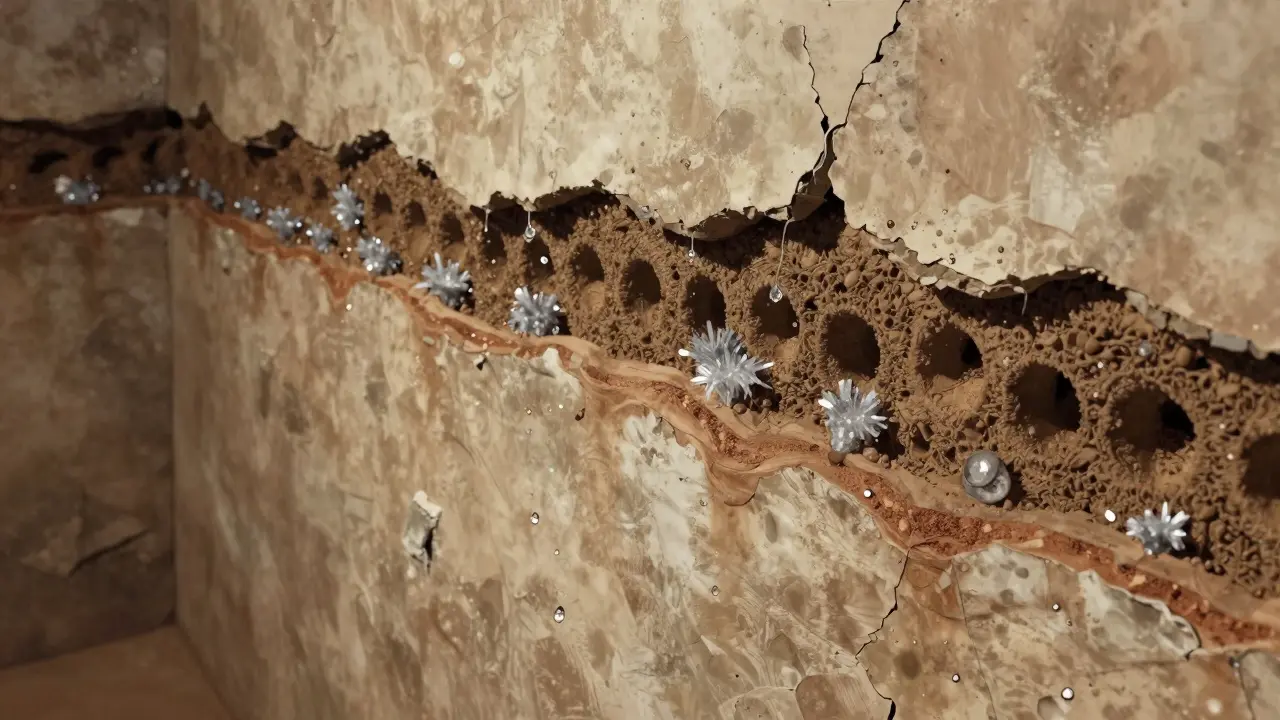 Querschnitt einer Kellerwand mit mineralischer Kristallabdichtung, die Poren blockiert und Feuchtigkeit abtrocknet.