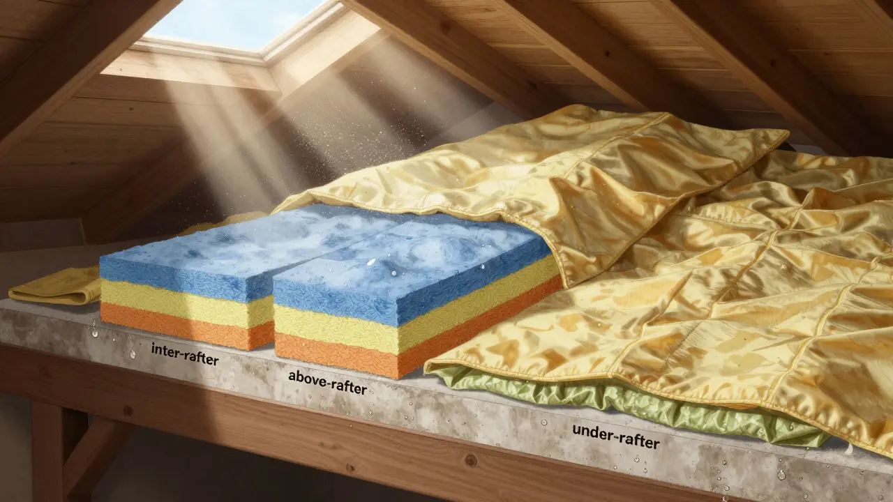 Schnittansicht eines Daches mit drei verschiedenen Dämmmethoden und Wärmeströmen.