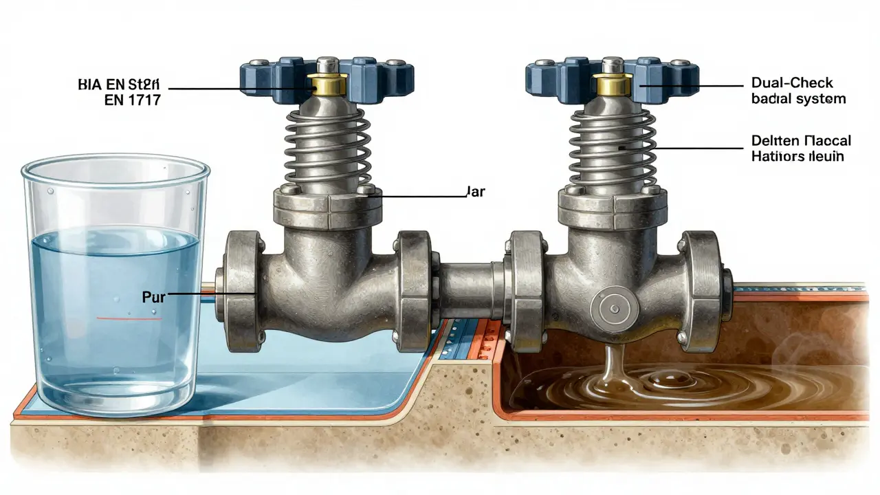 Schnittansicht eines doppelten Systemtrenners mit Luftspalt zwischen zwei Ventilen