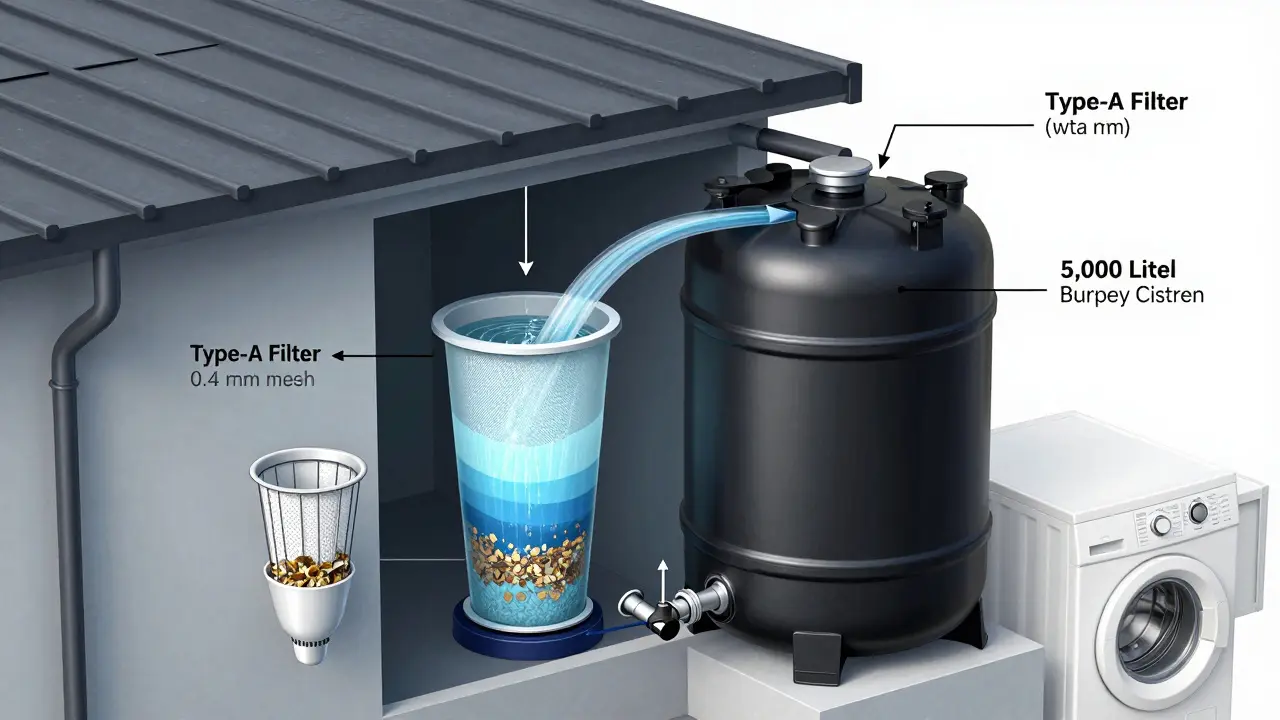 Schnittansicht eines Regenwassersystems mit Dach, Fallrohr, Filter und unterirdischer Zisterne, mit Wasserflussrichtung und Filterfeinheit.