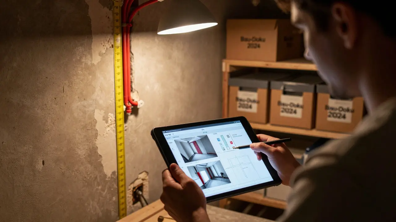 Techniker markiert in einem Keller mit Tablet Fotos von Rohren und Putzablösungen für die Bau-Dokumentation.