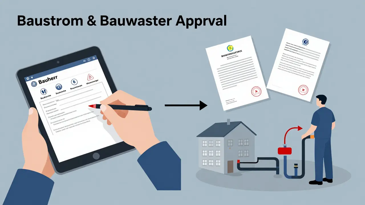 Technische Illustration: Bauherr füllt digitale Anträge aus, während Fachkräfte die Anschlüsse installieren, mit Flussdiagramm und Warnhinweisen.