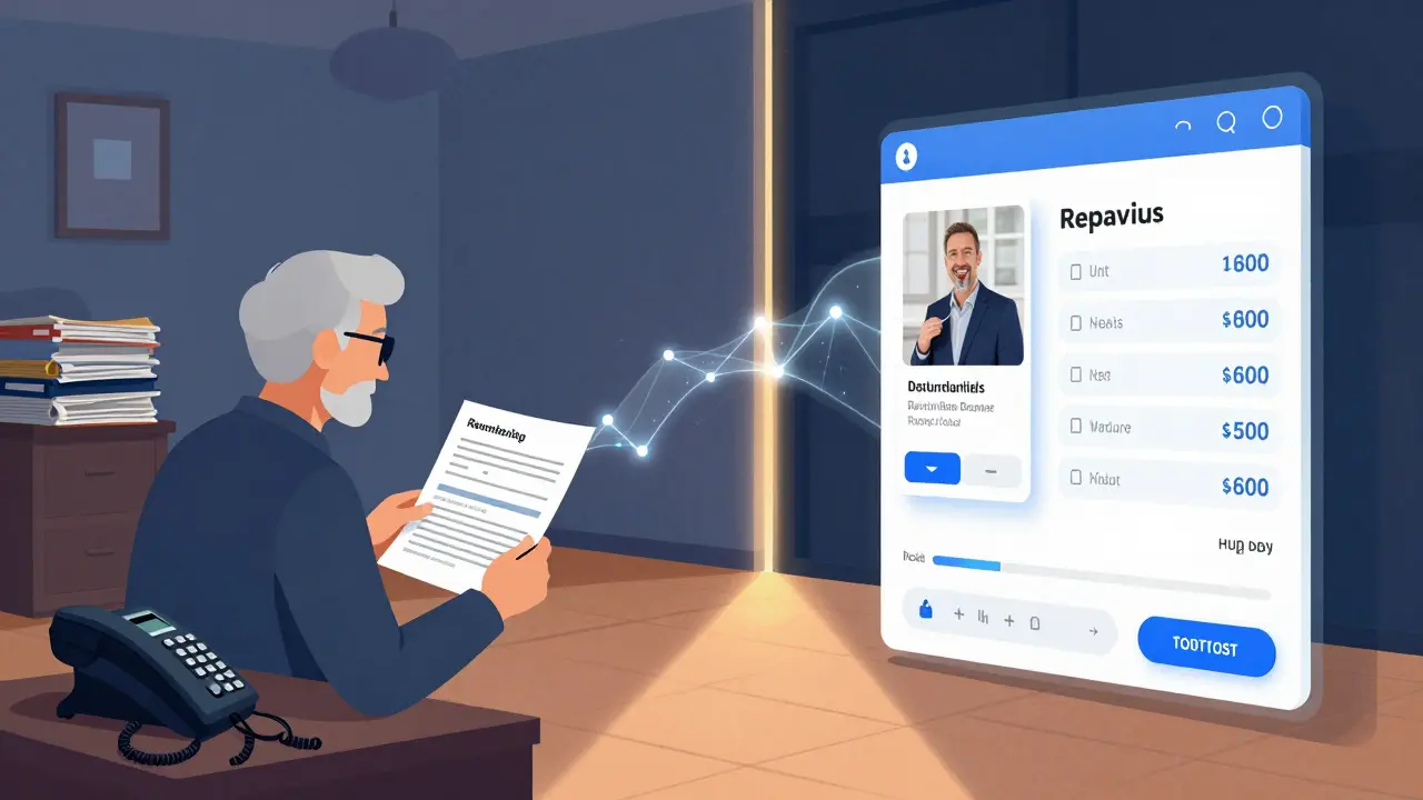 Vergleich: Chaos aus Papierakten links versus digitale Mieterkommunikation und Automatisierung rechts.