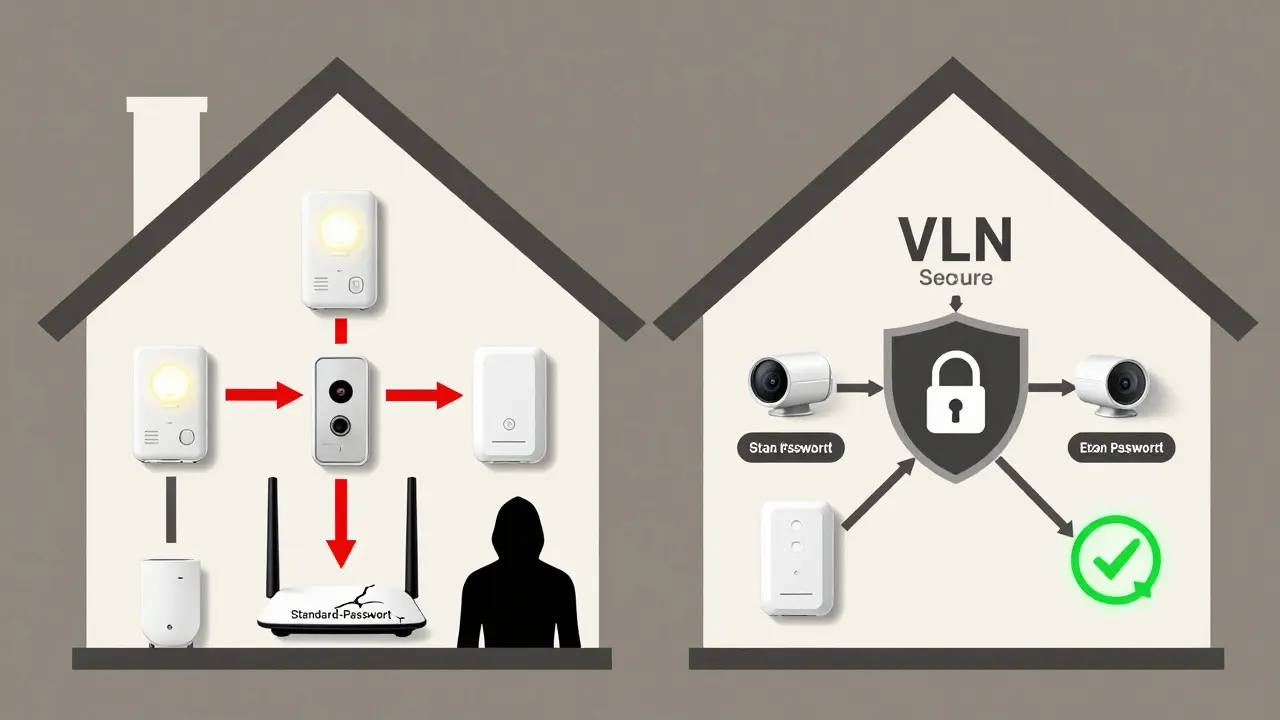 Vergleich von unsicherem und sicherem Smart-Home-Netzwerk mit roten und grünen Symbolen für Gefahr und Schutz.