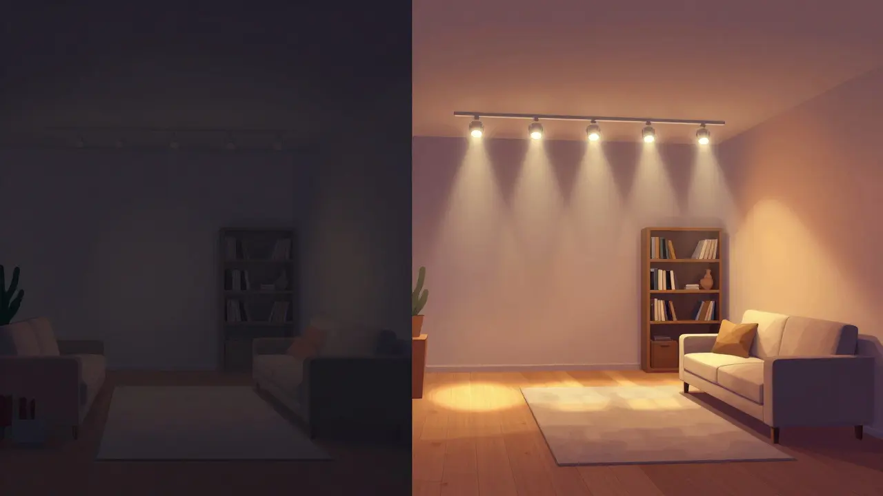 Vergleichsansicht: Links dunkle, ungleichmäßige Beleuchtung nach Umstellung der Möbel; rechts gleichmäßige, flexible Beleuchtung durch eine Stromschiene.