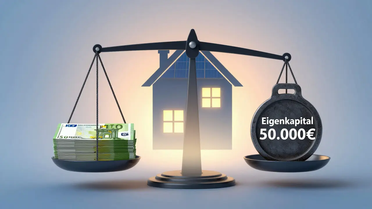 Waage mit Fördergeldern auf einer Seite und Eigenkapital auf der anderen, dahinter energieeffizientes Haus.