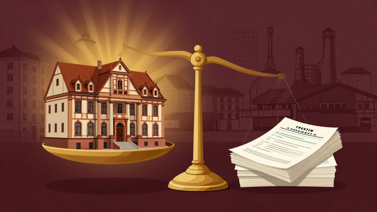 Waage mit historischem Gebäude und Steuerabzugsunterlagen, im Hintergrund verschiedene geschützte Bauten.