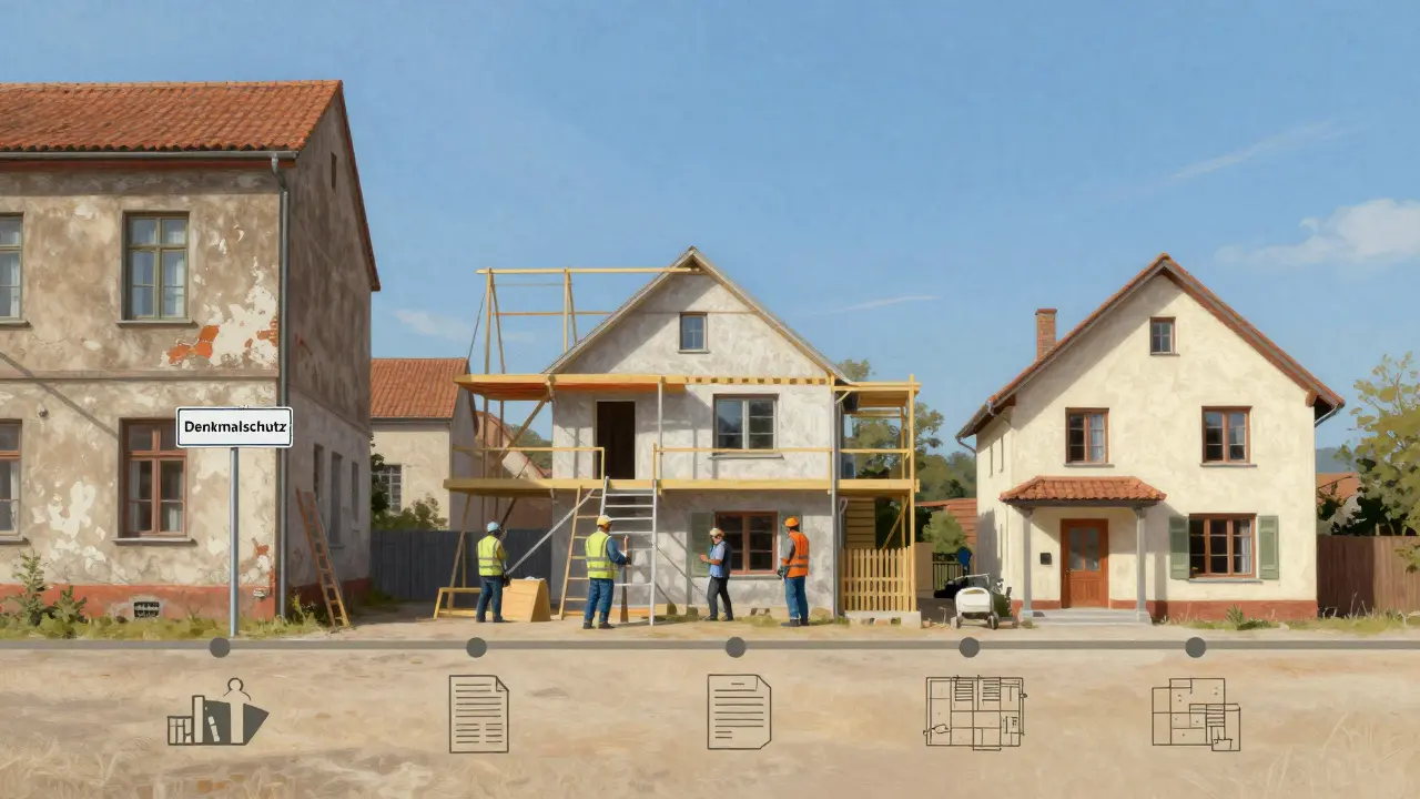 Zeitlinie eines 10-jährigen Sanierungsprozesses von einem verfallenen Haus zu einem revitalisierten Denkmal.