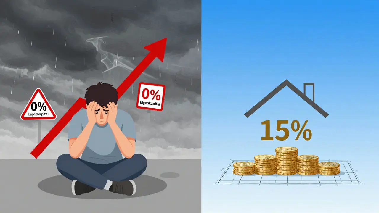 Zwei Szenen: Links ein Risiko mit steigenden Zinsen, rechts eine sichere Finanzierung mit 15% Eigenkapital als Fundament.
