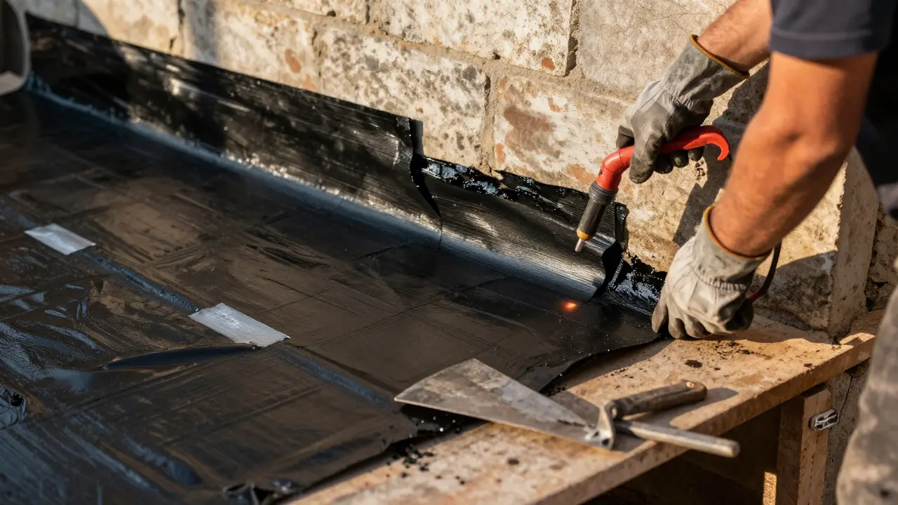 Arbeiter verklebt Bitumenbahn an Außenwand