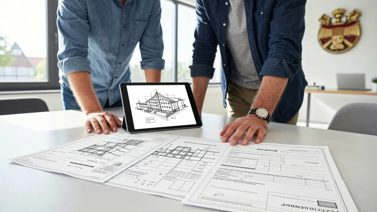 Architekt und Hausbesitzer besprechen Bauunterlagen in einem Amtsbüro in Hildesheim.