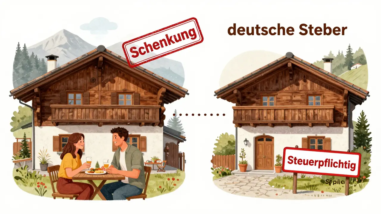 Aufgeteilte Darstellung: deutsche Ferienimmobilie in den Alpen und in Spanien mit Steuerhinweisen, symbolisch für grenzüberschreitende Erbschaftssteuer.