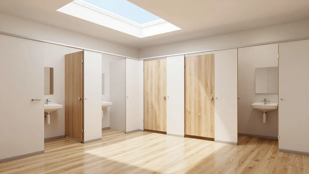 Barrierefreies Badezimmer mit breiten Türen und Haltegriffen für Senioren.