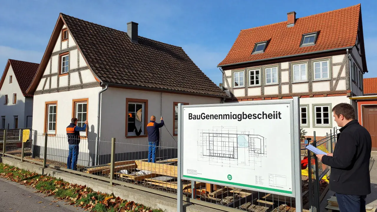 Baugenehmigung aushängen an einer Baustelle in einem historischen Dorf in Deutschland.