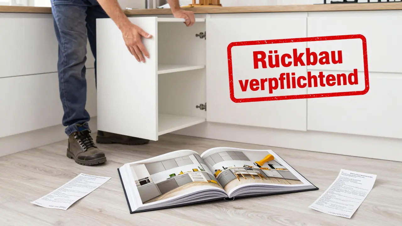 Beim Auszug wird die neue Küche entfernt, während ein Fotoalbum mit Vergleichsbildern der ursprünglichen Küche auf dem Boden liegt.