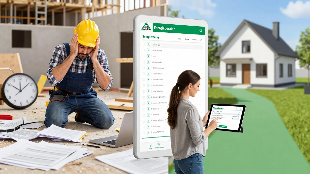 Contrasting scenes: chaotic building delay vs. organized KfW application process with digital checklist.