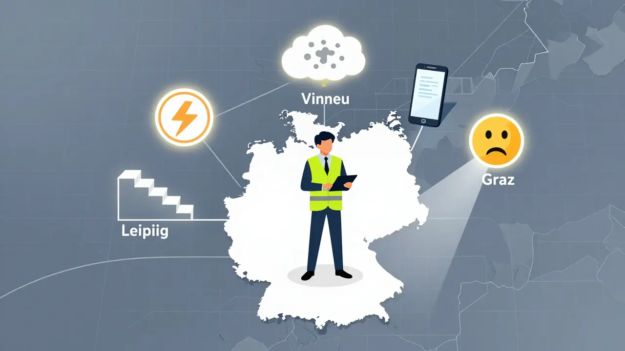 Digitaler Kartenausschnitt Deutschlands mit Risikosymbolen für Immobilienverwalter: Schimmel, Stolperfallen und Konflikte in verschiedenen Städten.