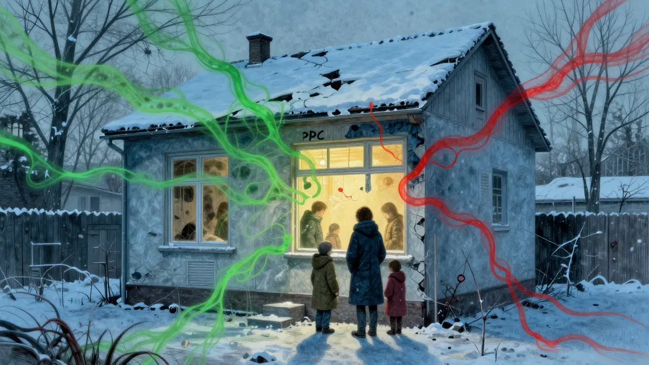 Ein altes Haus mit unsichtbaren Giftstoffen, die aus Wänden und Böden strömen.