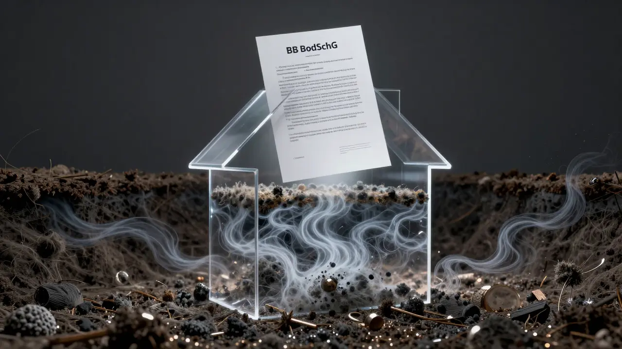 Ein Haus mit transparenten Wänden zeigt verborgene Schadstoffe wie Asbest und Schwermetalle im Boden.