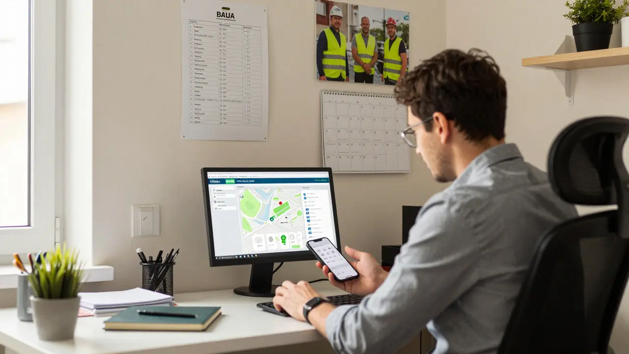 Ein Immobilienverwalter arbeitet im Homeoffice mit einem Smartphone, das eine risikobasierte Beurteilung für eine Mietwohnung anzeigt.