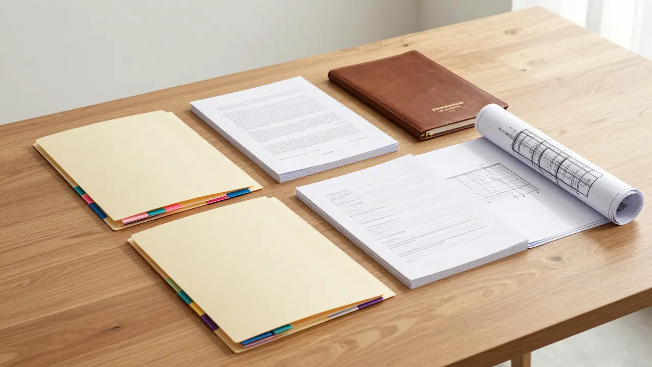 Geordnete Aktenordner mit Immobiliendokumenten auf Schreibtisch