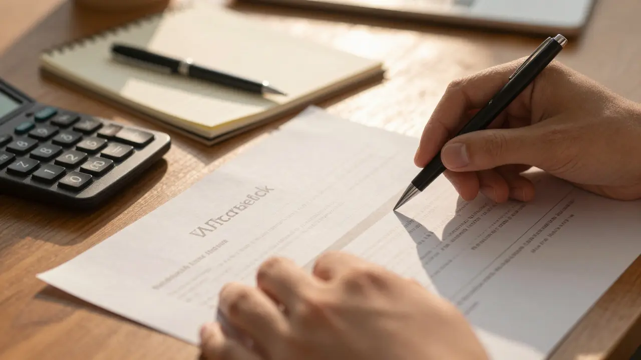 Hände bei Berechnung von Immobilienkosten mit Dokumenten auf Tisch