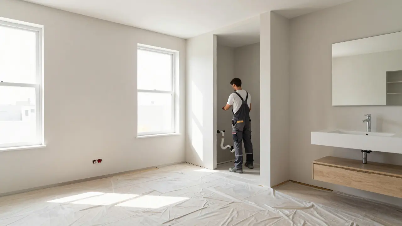 Handwerker installiert Leitungen bei moderner Badsanierung.