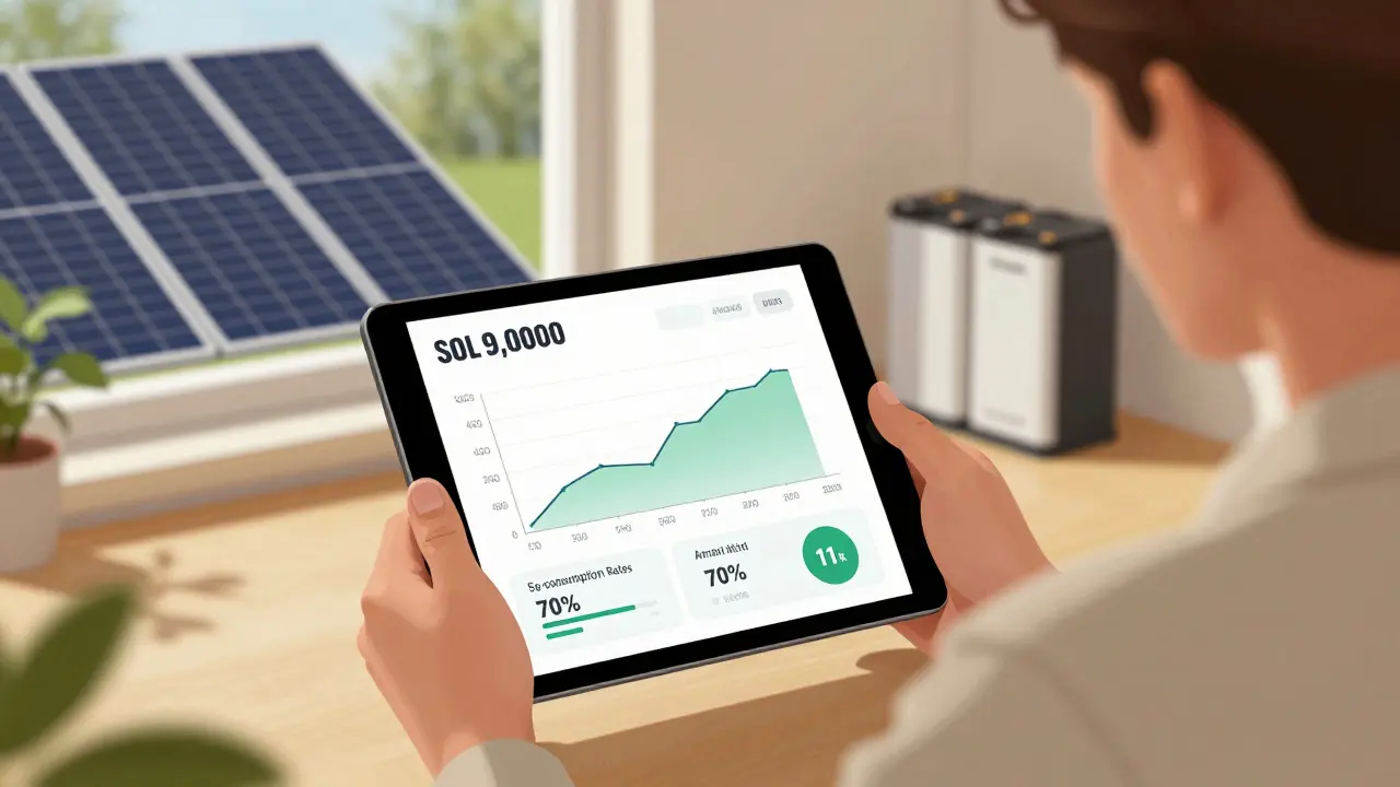 Hausbesitzer mit Tablet, das Solarertrag und Amortisationszeit zeigt, Batteriespeicher im Hintergrund.