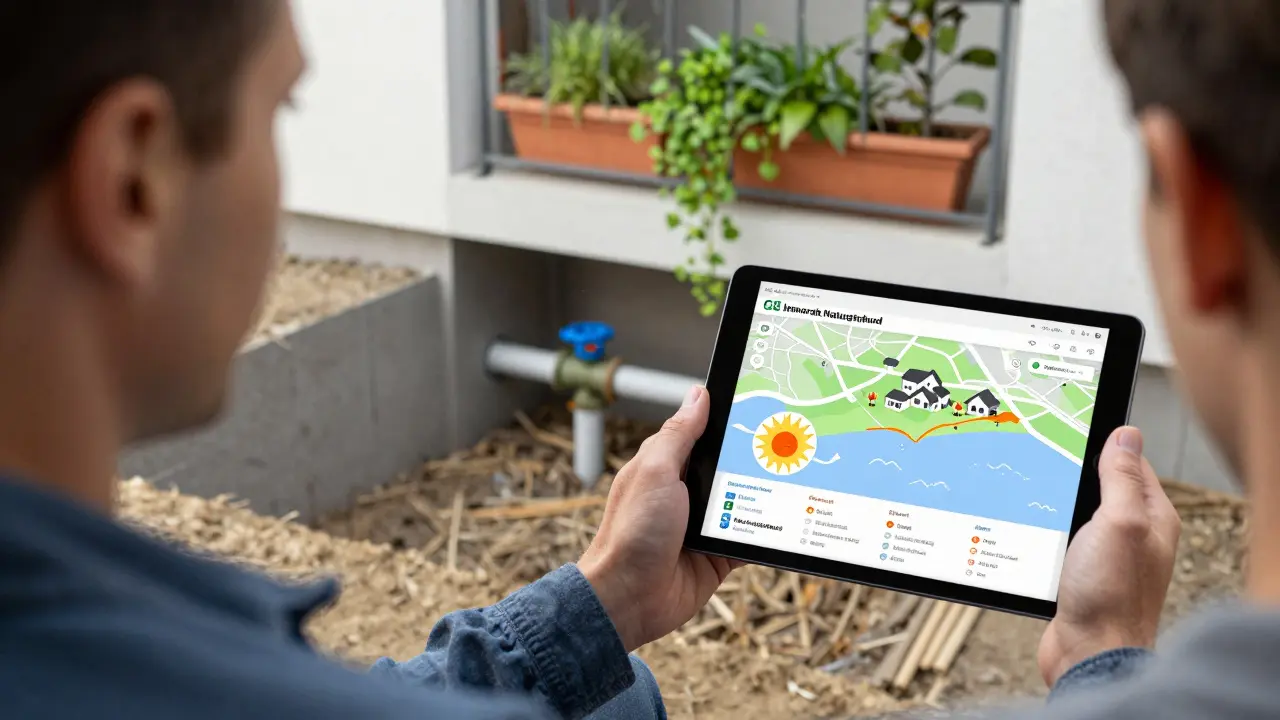 Hausbesitzer prüft mit Tablet Klimarisiken und plant Schutzmaßnahmen wie erhöhtes Fundament und Rückstauklappe.