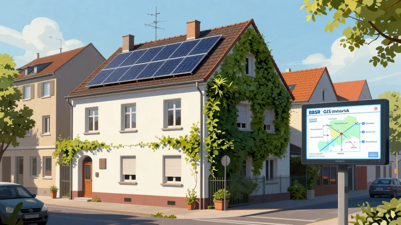 Helles Haus mit vertikaler Begrünung und außenliegenden Jalousien bei extremer Hitze.