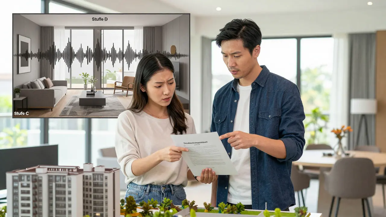 Käufer prüft Schallschutz-Dokumentation in Musterwohnung, während Lärm von Nachbarn sichtbar durch Wände dringt.
