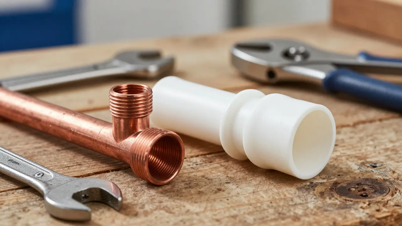 Kupferrohr und neues Kunststoffrohr nebeneinander auf Werkbank.