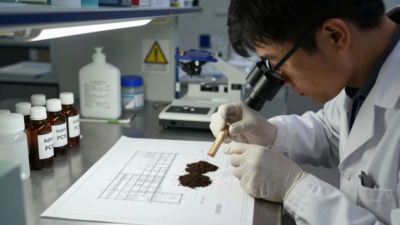 Laborant analysiert Holz- und Bodenproben auf Schadstoffe wie Asbest und PCB.