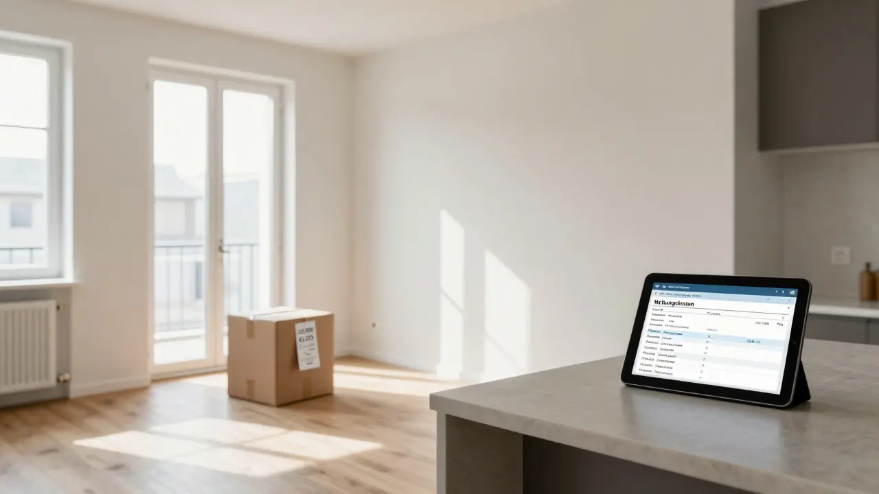 Leere, saubere Wohnung mit Rechnung und Steuerbescheinigung, Sonnenlicht durch die Fenster.
