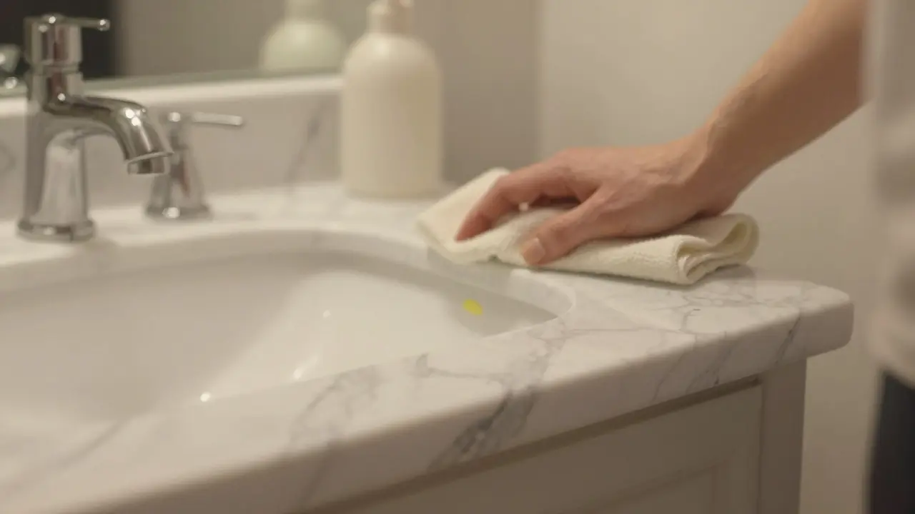 Luxuriöse Marmor-Waschtischplatte mit einem Tropfen Zitronensaft, der eine Etch-Stelle verursacht.