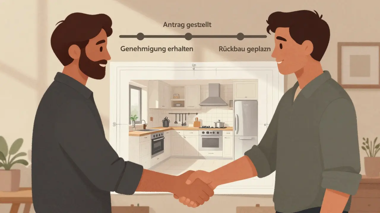 Mieter und Vermieter besprechen einen Küchenaustausch anhand einer Grundrisszeichnung, mit Überlagerung von alter und neuer Küche.