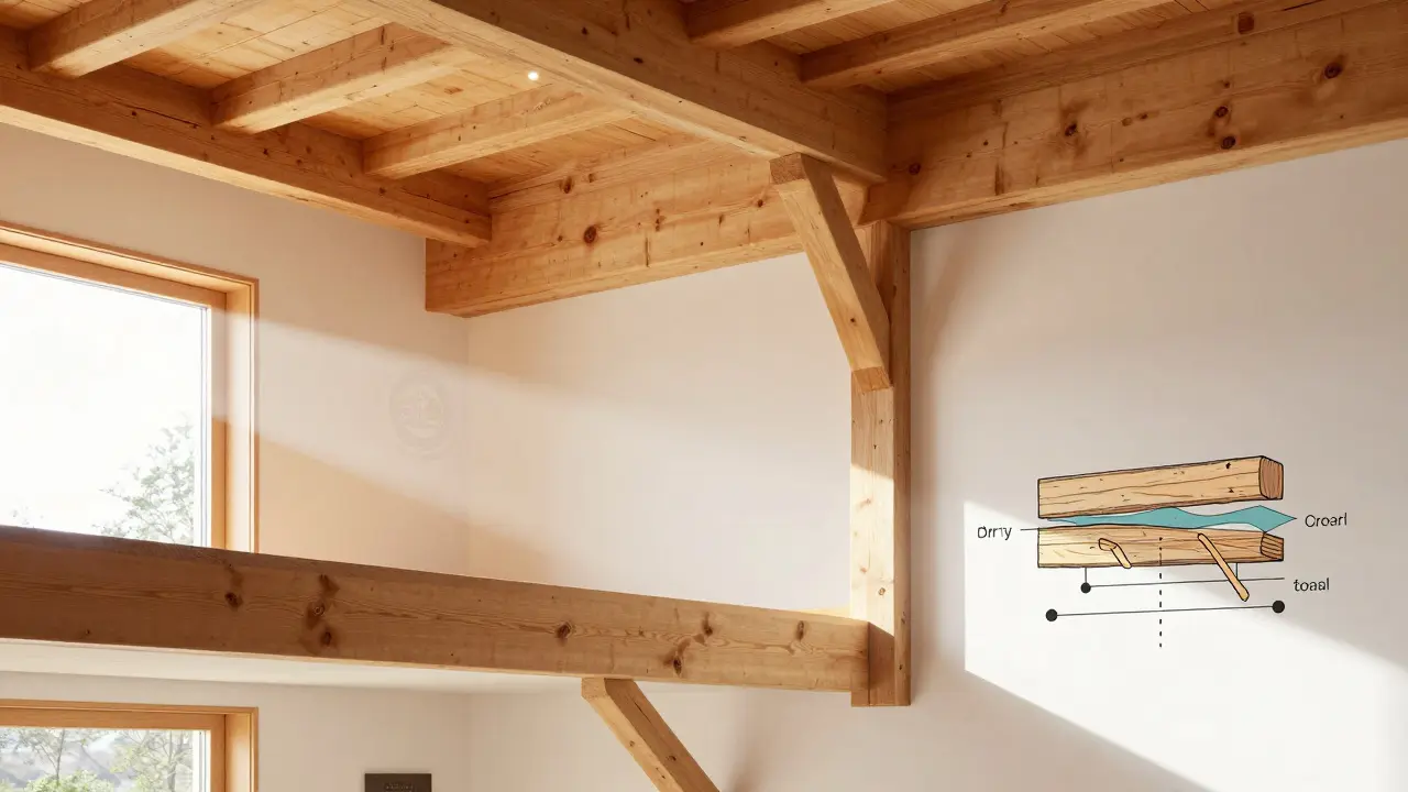 Modernes Holz mit heißluftbehandelten Balken, Luftzirkulation sichtbar, sonniges, gesundes Interieur.